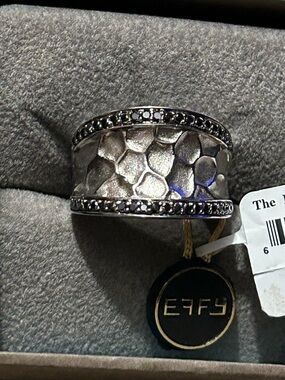 Effy Sterling Silver  Hammered Heavy Band Ring with Black Diamonds